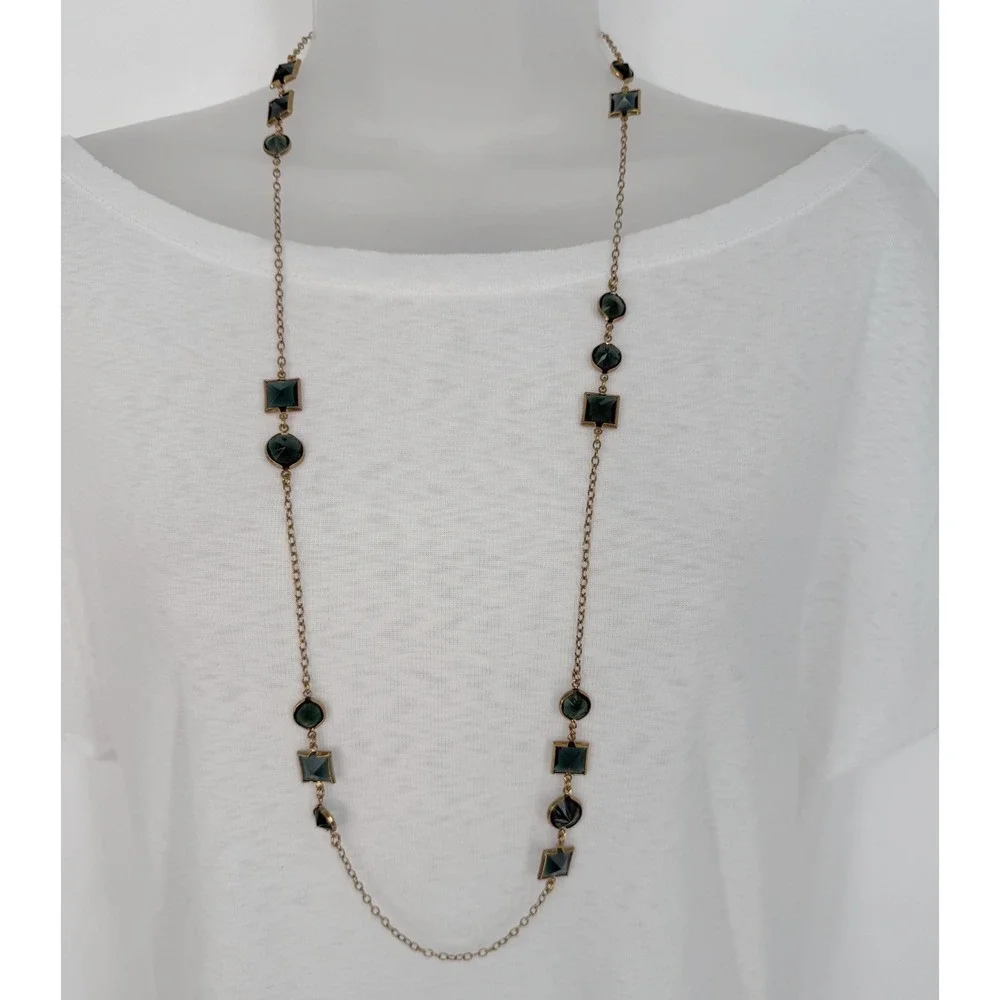 J.Crew Long Necklace‎ Gold Tone Emerald Green Geometric Resin Stones 103-37